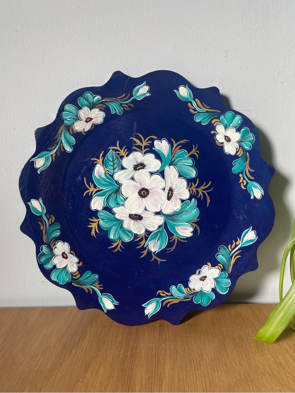 Vintage Hand-Painted Floral Wooden Plate Folk Art Russian Zhostovo Style 9.5”